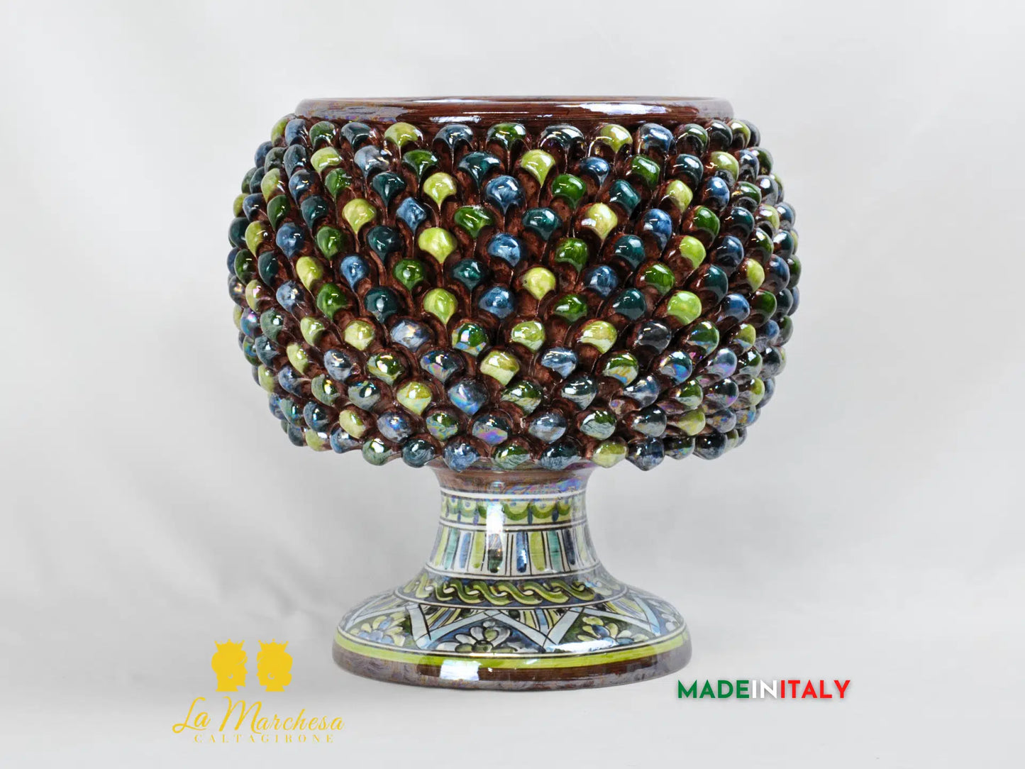 Portavaso Mezza Pigna Blu Verde 34cm Madreperla in Ceramica di Caltagirone - Varie Misure