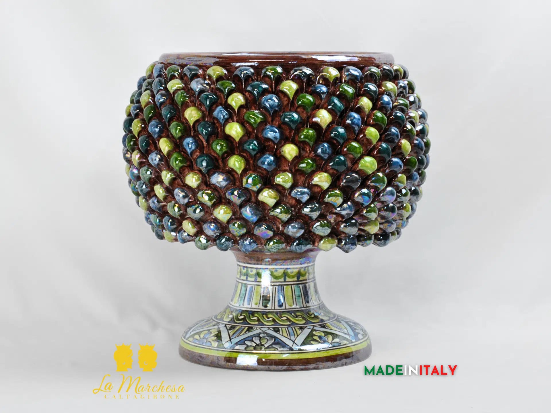 Portavaso Mezza Pigna Blu Verde 34cm Madreperla in Ceramica di Caltagirone - Varie Misure
