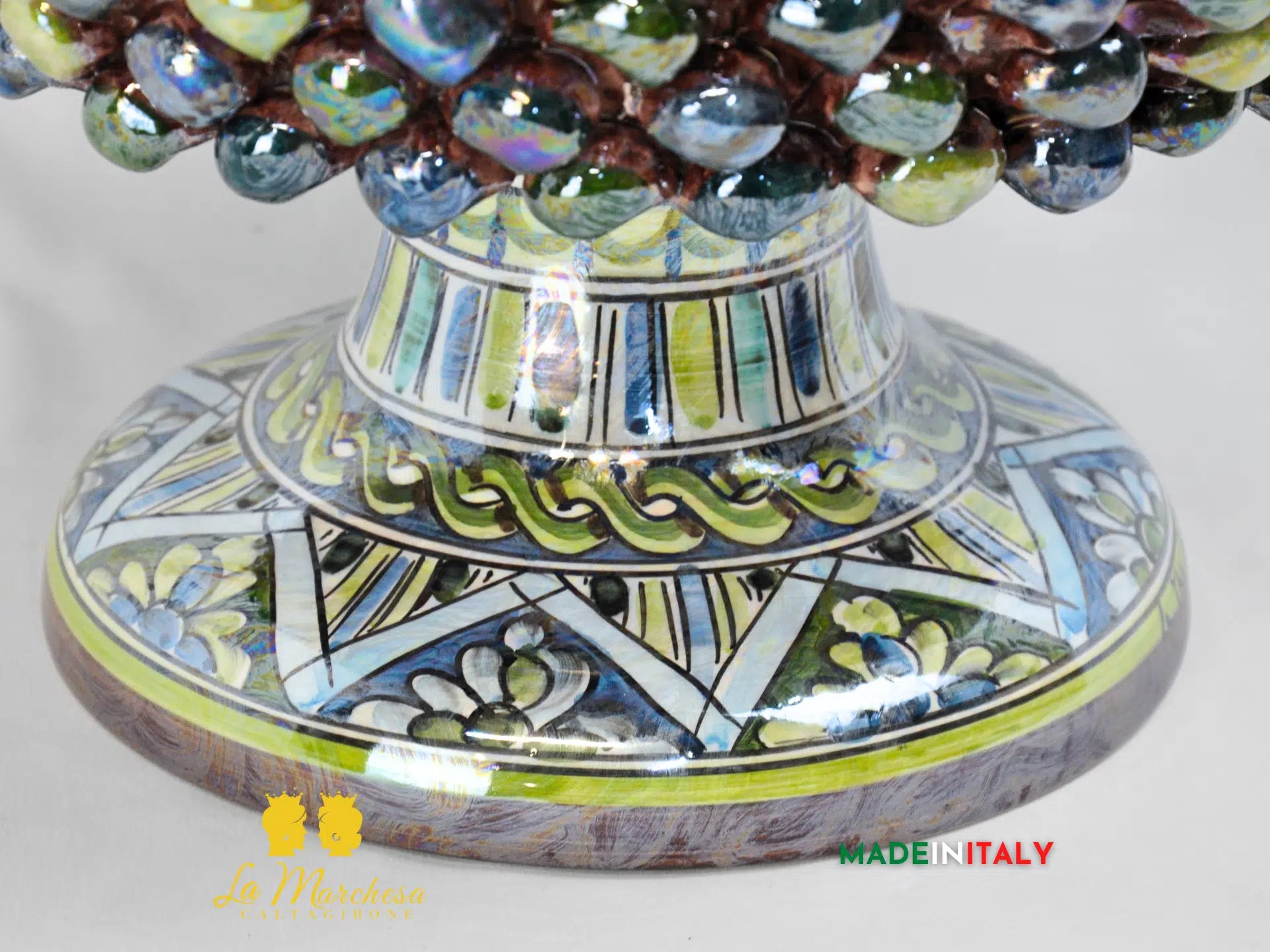 Portavaso Mezza Pigna Blu Verde 34cm Madreperla in Ceramica di Caltagirone - Varie Misure