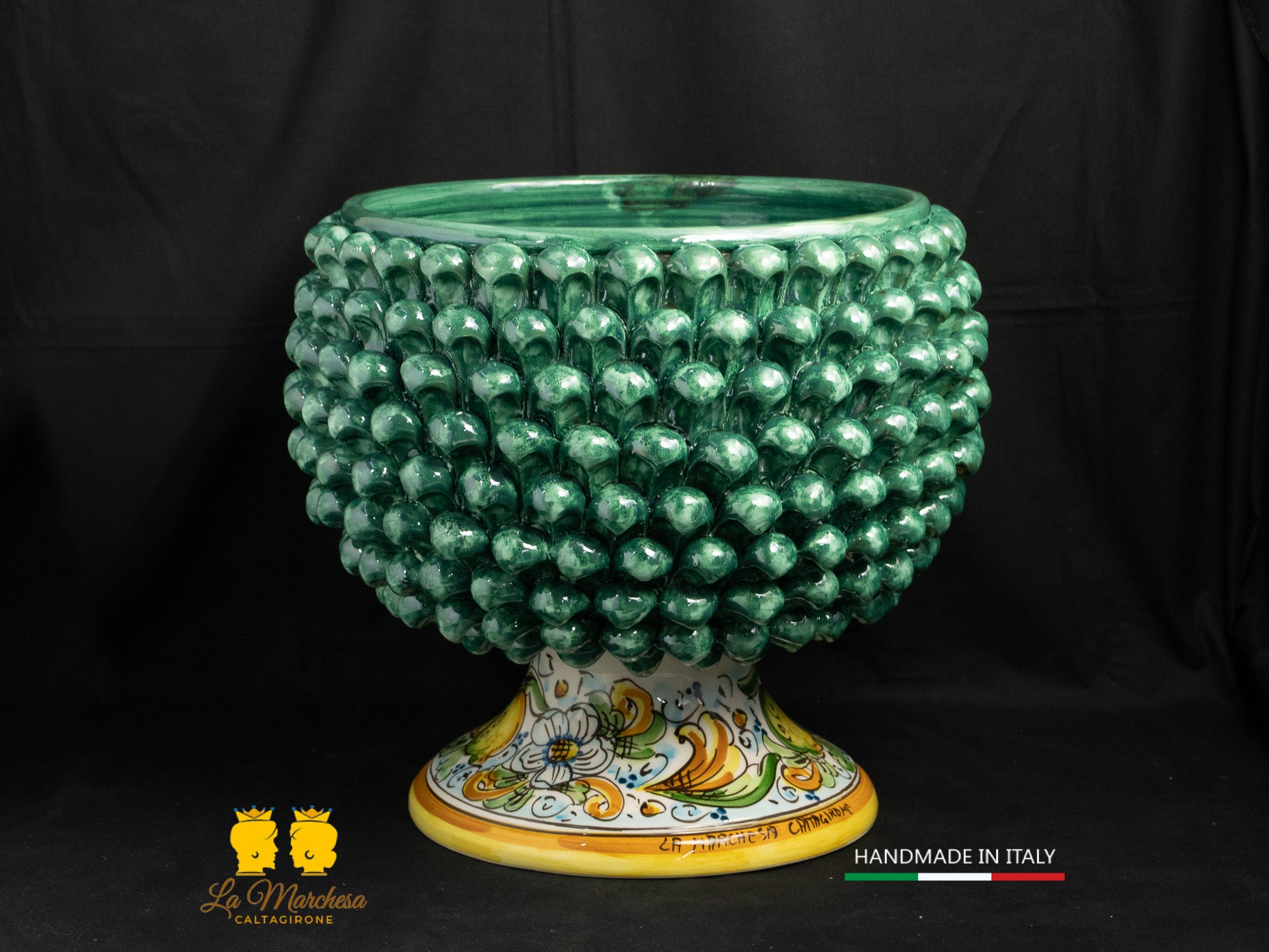 Portavaso mezza Pigna Siciliana Ceramica di Caltagirone Verde Rame ornato limoni H32cm