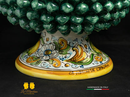 Portavaso mezza Pigna Siciliana Ceramica di Caltagirone Verde Rame ornato limoni H32cm