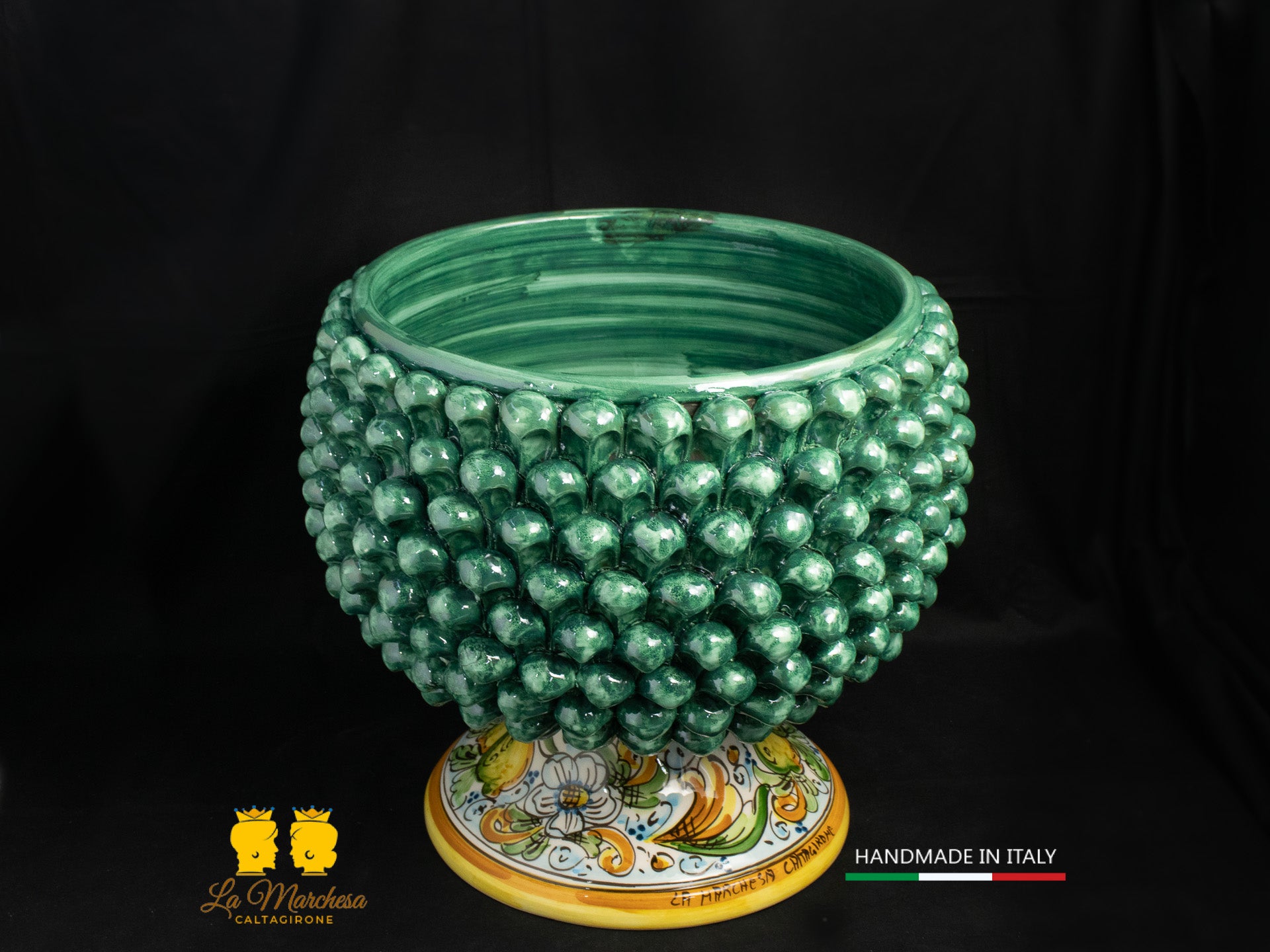 Portavaso mezza Pigna Siciliana Ceramica di Caltagirone Verde Rame ornato limoni H32cm