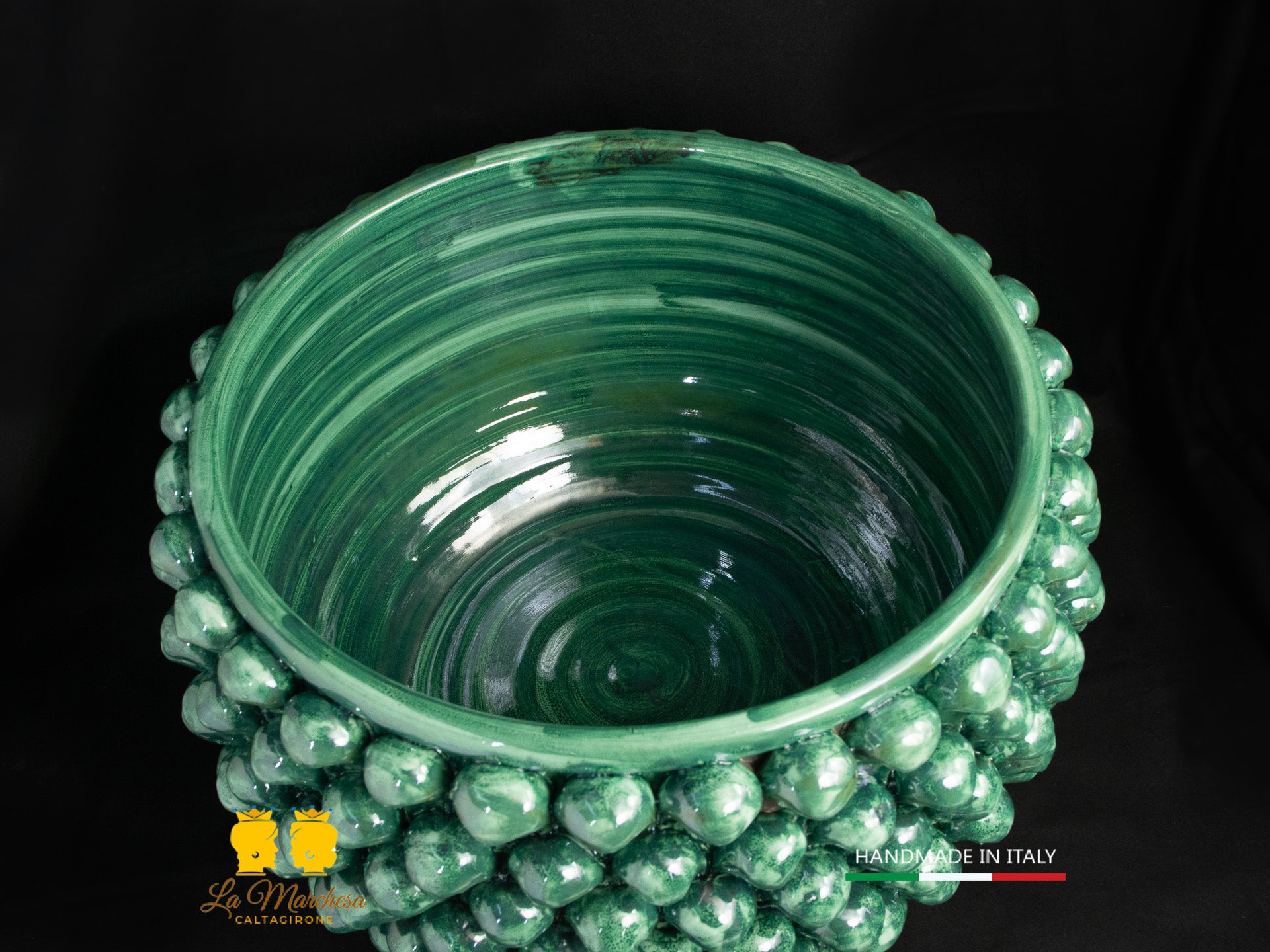 Portavaso mezza Pigna Siciliana Ceramica di Caltagirone Verde Rame ornato limoni H32cm