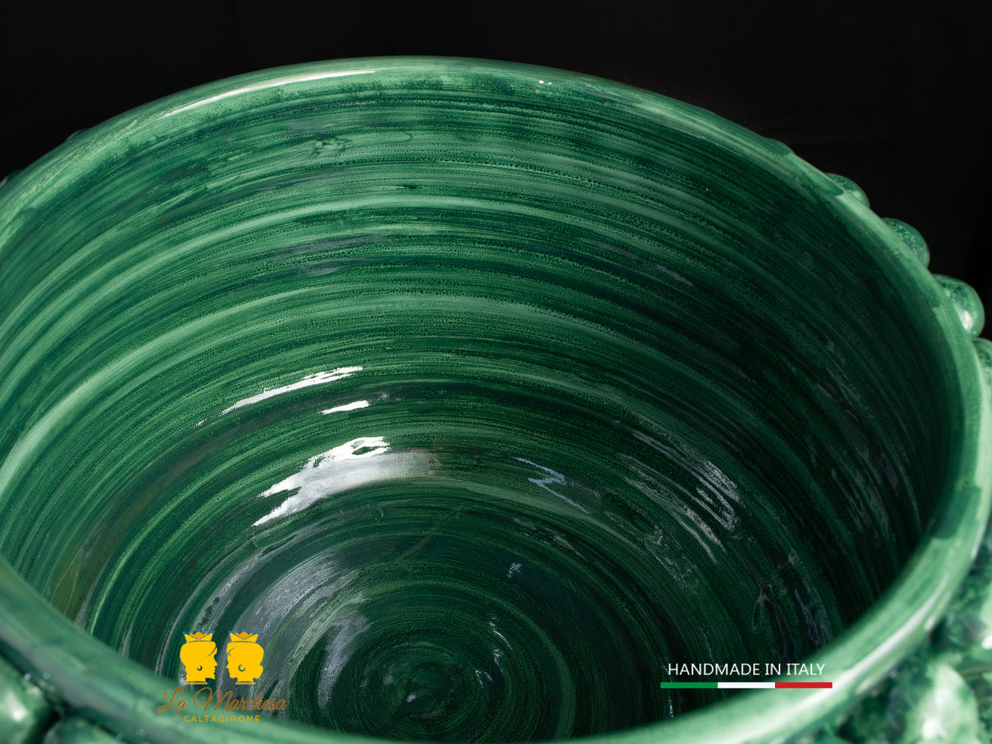 Portavaso mezza Pigna Siciliana Ceramica di Caltagirone Verde Rame ornato limoni H32cm