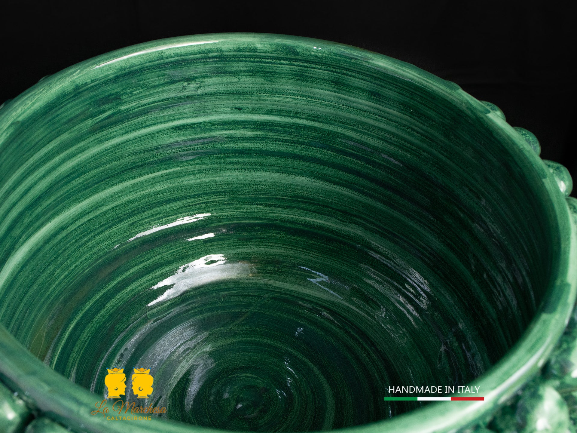 Portavaso mezza Pigna Siciliana Ceramica di Caltagirone Verde Rame ornato limoni H32cm
