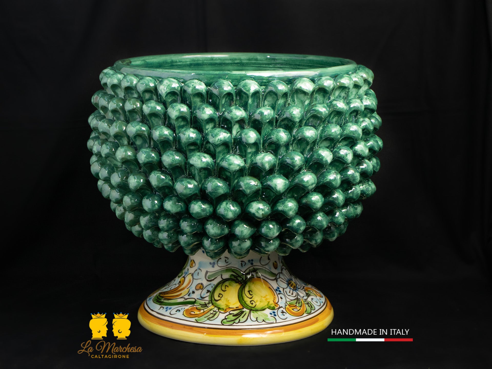 Portavaso mezza Pigna Siciliana Ceramica di Caltagirone Verde Rame ornato limoni H32cm