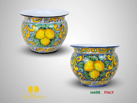 Portavaso Decorato Limoni in Ceramica di Caltagirone 30cm - Vari Colori