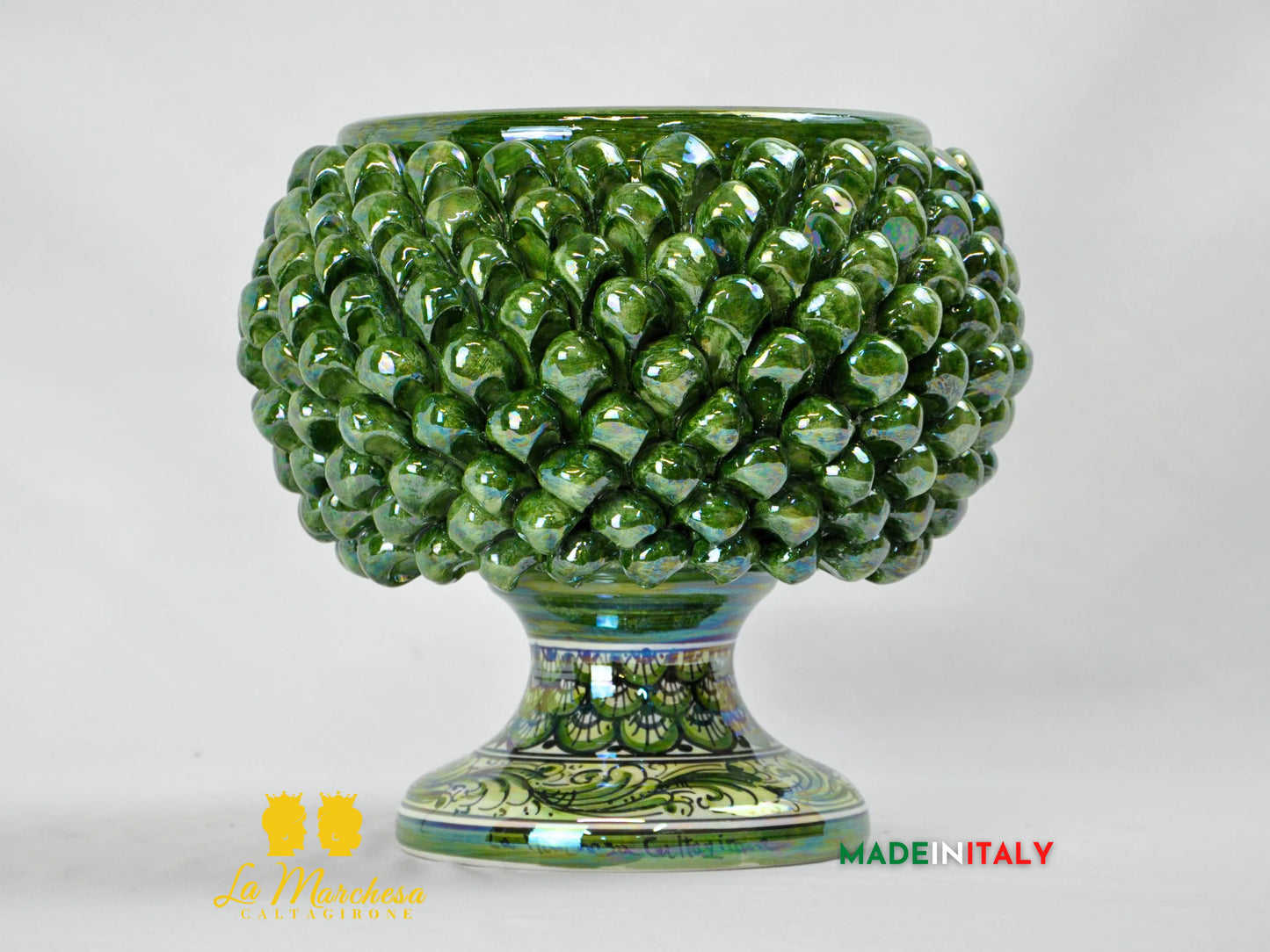 Portavaso Mezza Pigna Verde Madreperla in Ceramica di Caltagirone 27cm