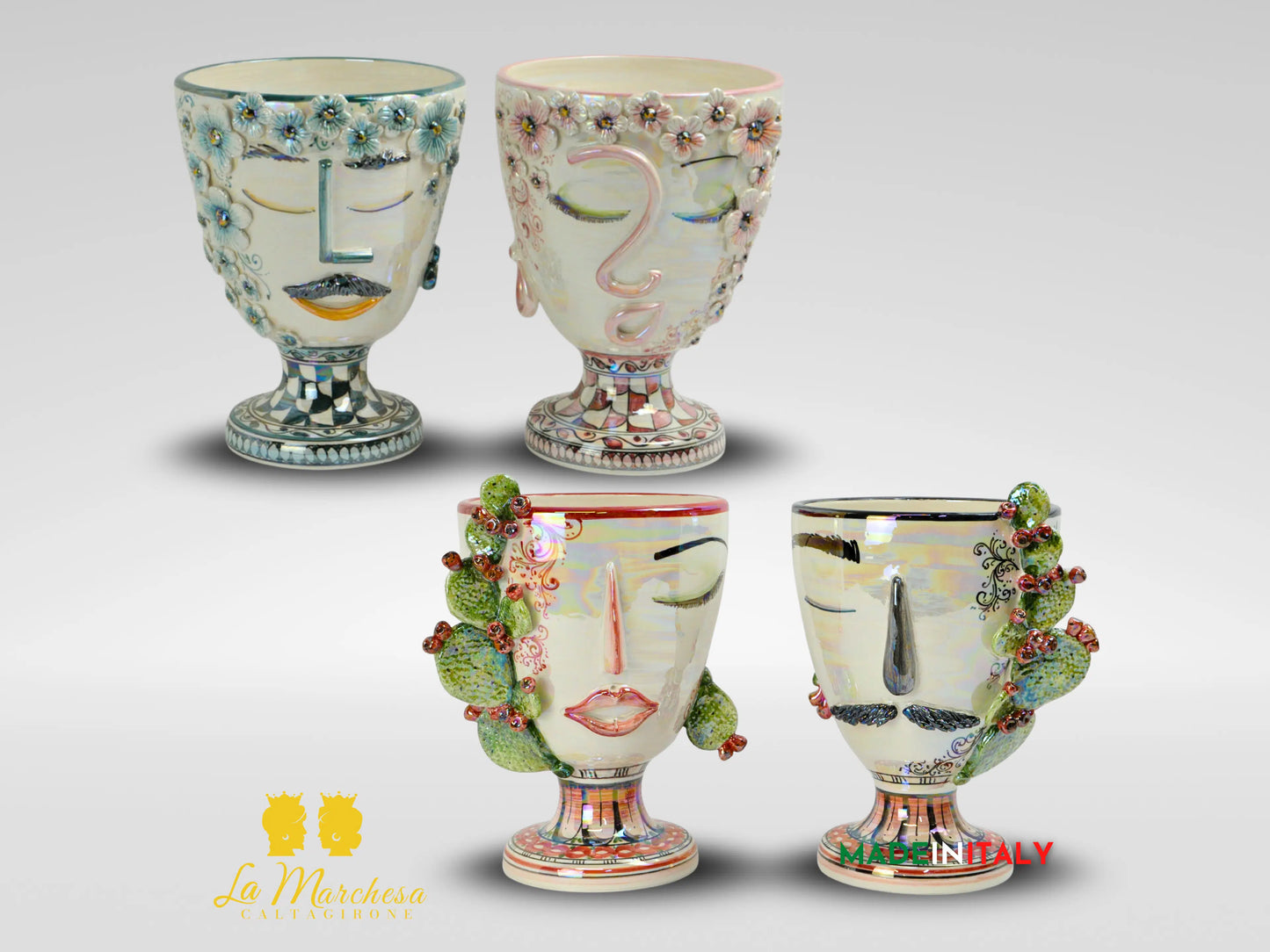 Portavaso in Ceramica di Caltagirone Design Volto Madreperla - Vari Modelli