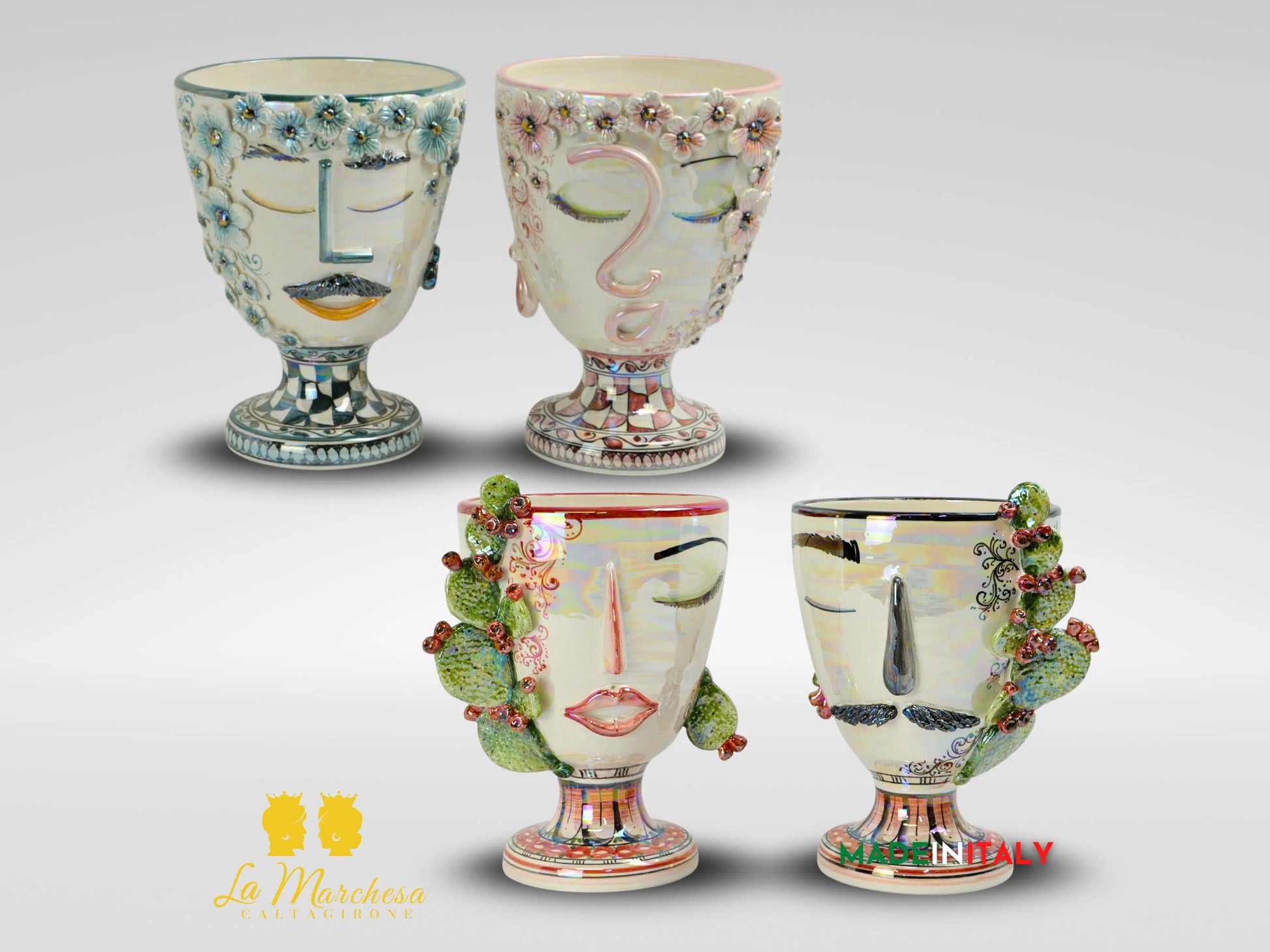 Portavaso in Ceramica di Caltagirone Design Volto Madreperla - Vari Modelli