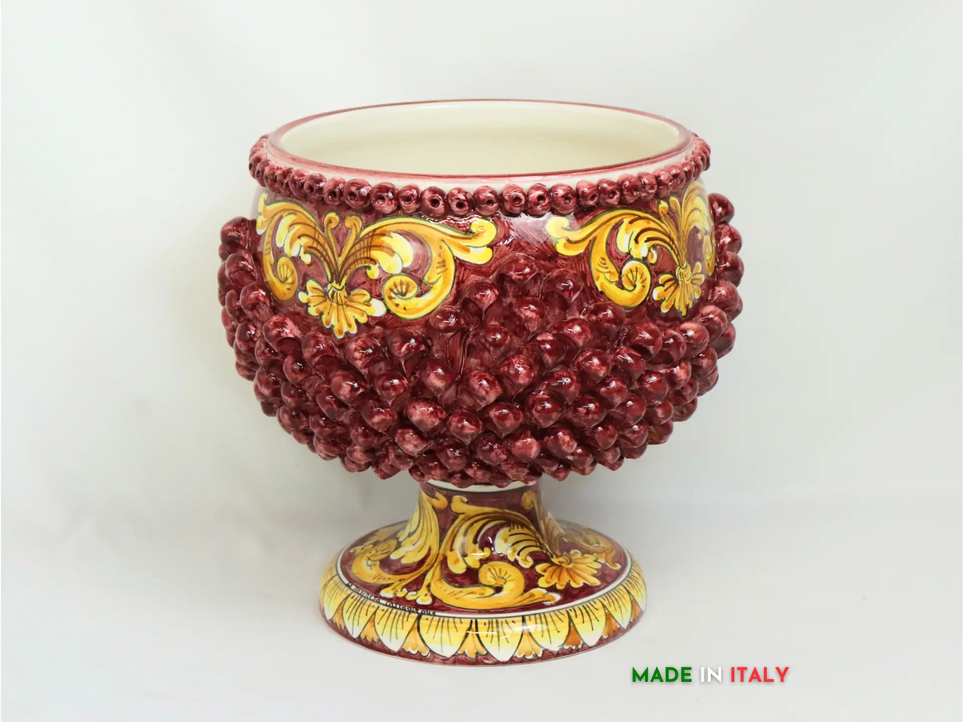 Portavaso in ceramica con chicchi pigna decoro bordeaux
