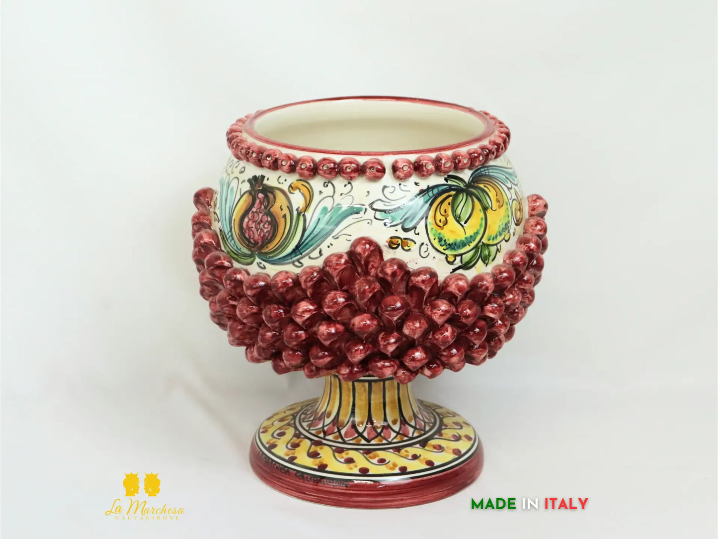 Portavaso in ceramica di Caltagirone chicchi pigna decoro bordeaux - varie misure