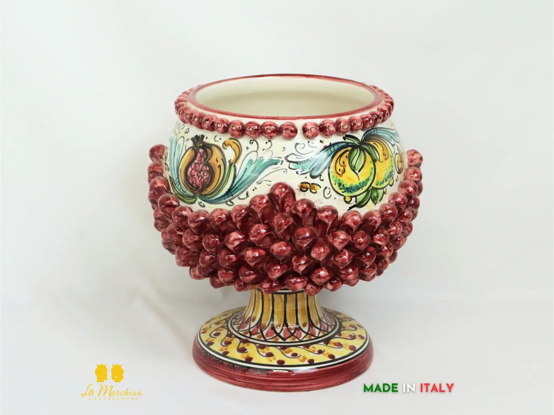 Portavaso in ceramica di Caltagirone chicchi pigna decoro bordeaux - varie misure