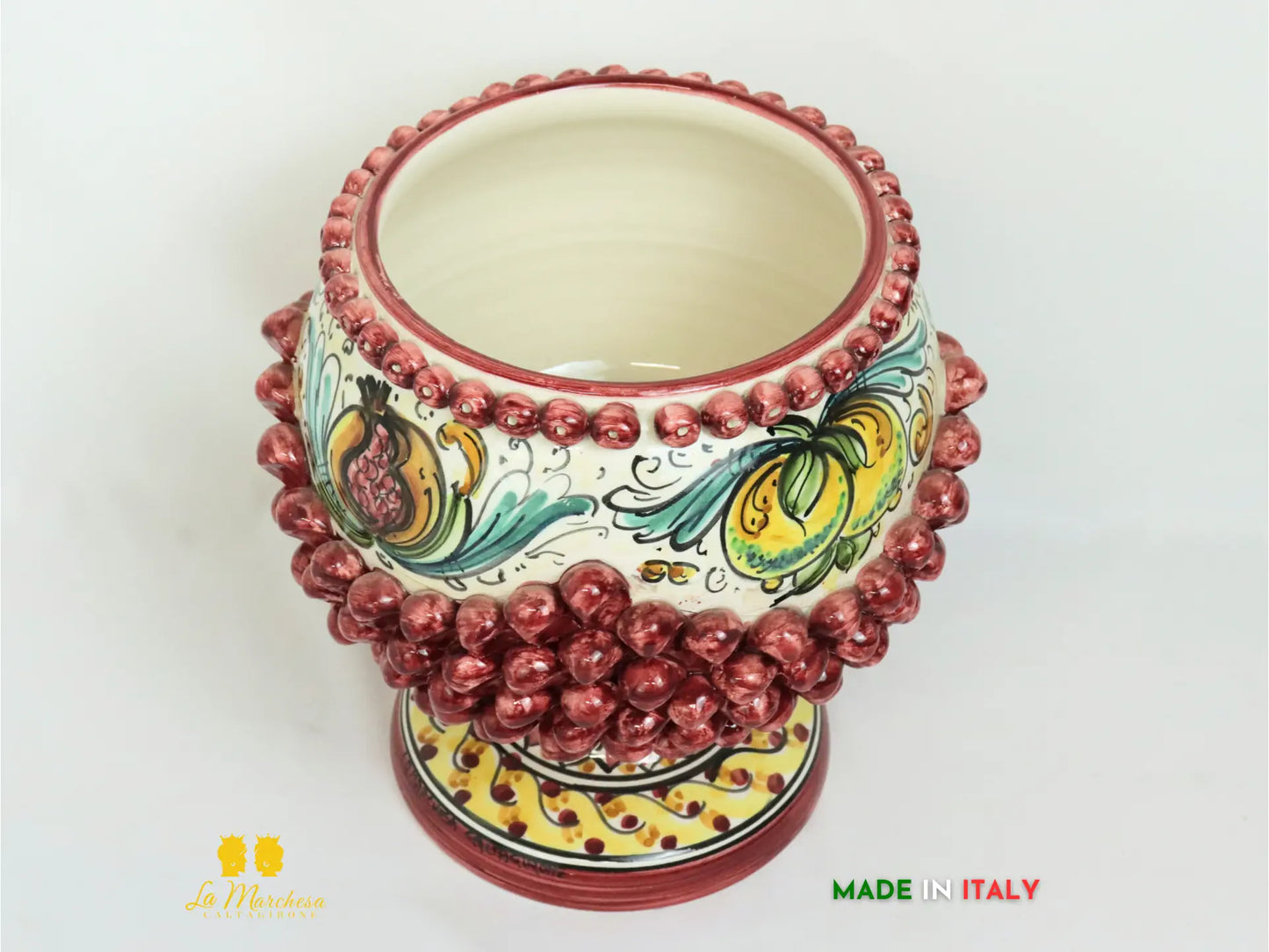 Portavaso in ceramica di Caltagirone chicchi pigna decoro bordeaux - varie misure