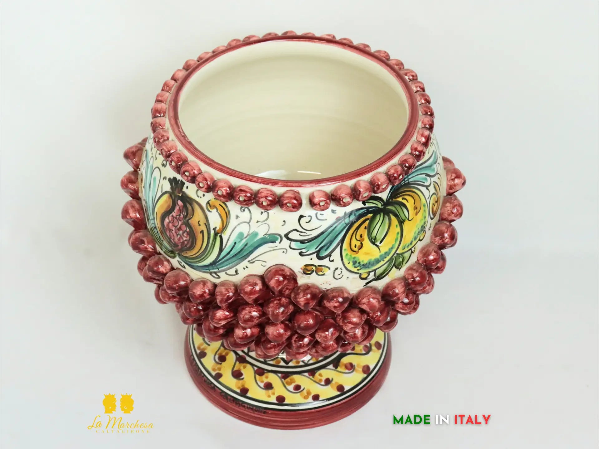 Portavaso in ceramica di Caltagirone chicchi pigna decoro bordeaux - varie misure