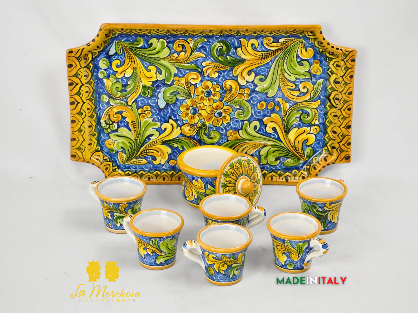 Servizio da Caffè in Ceramica di Caltagirone con Vassoio e Zuccheriera 