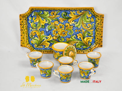 Servizio da Caffè in Ceramica di Caltagirone con Vassoio e Zuccheriera 