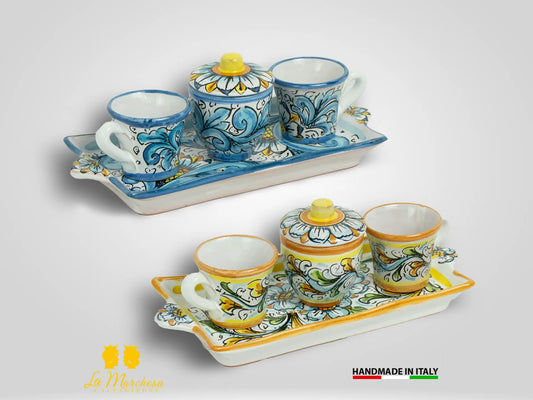 Set tazzine da caffè in Ceramica di Caltagirone ornato vassoio