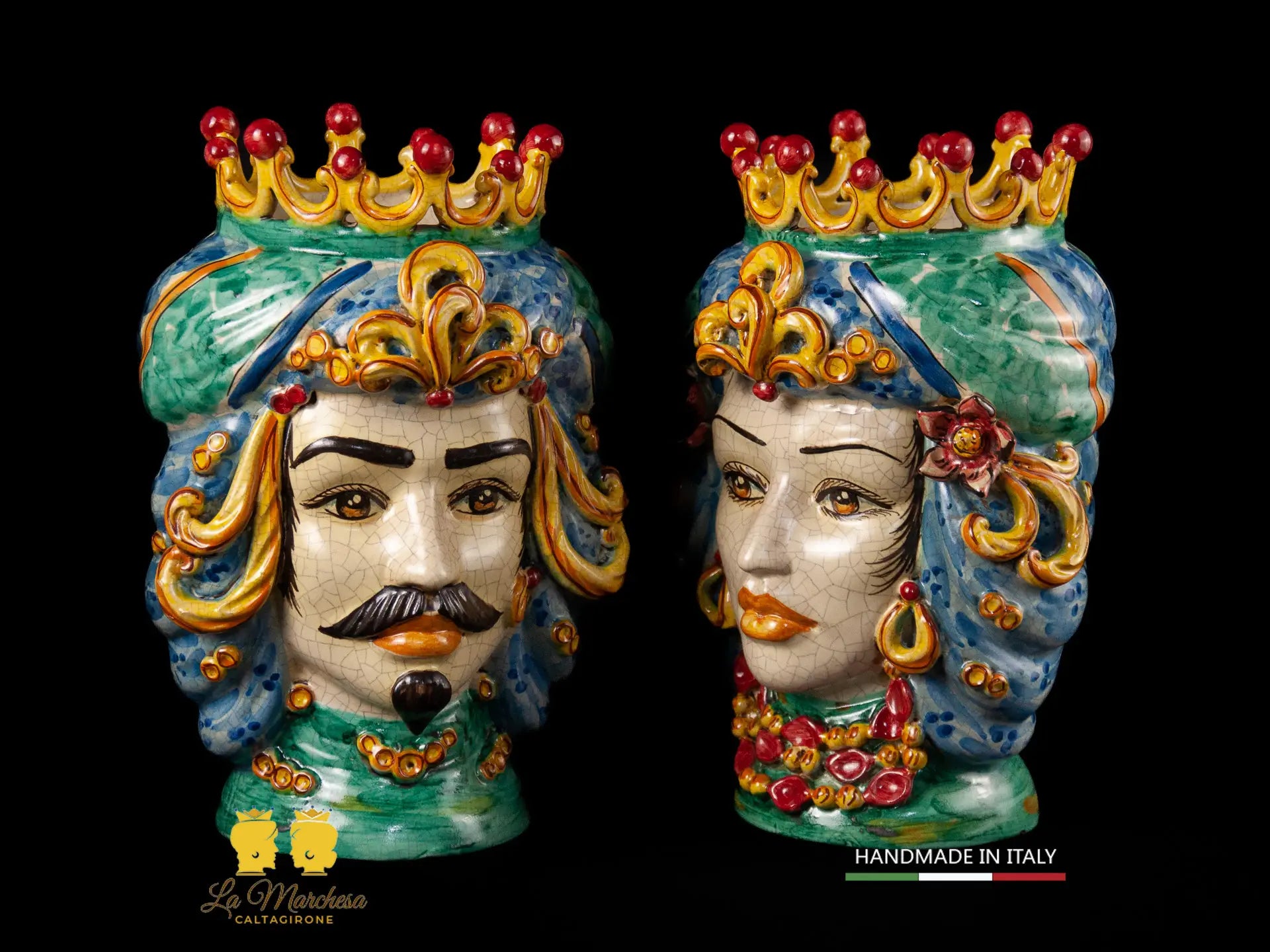 Teste di Moro in Ceramica di Caltagirone turbante verde rame celeste 30cm
