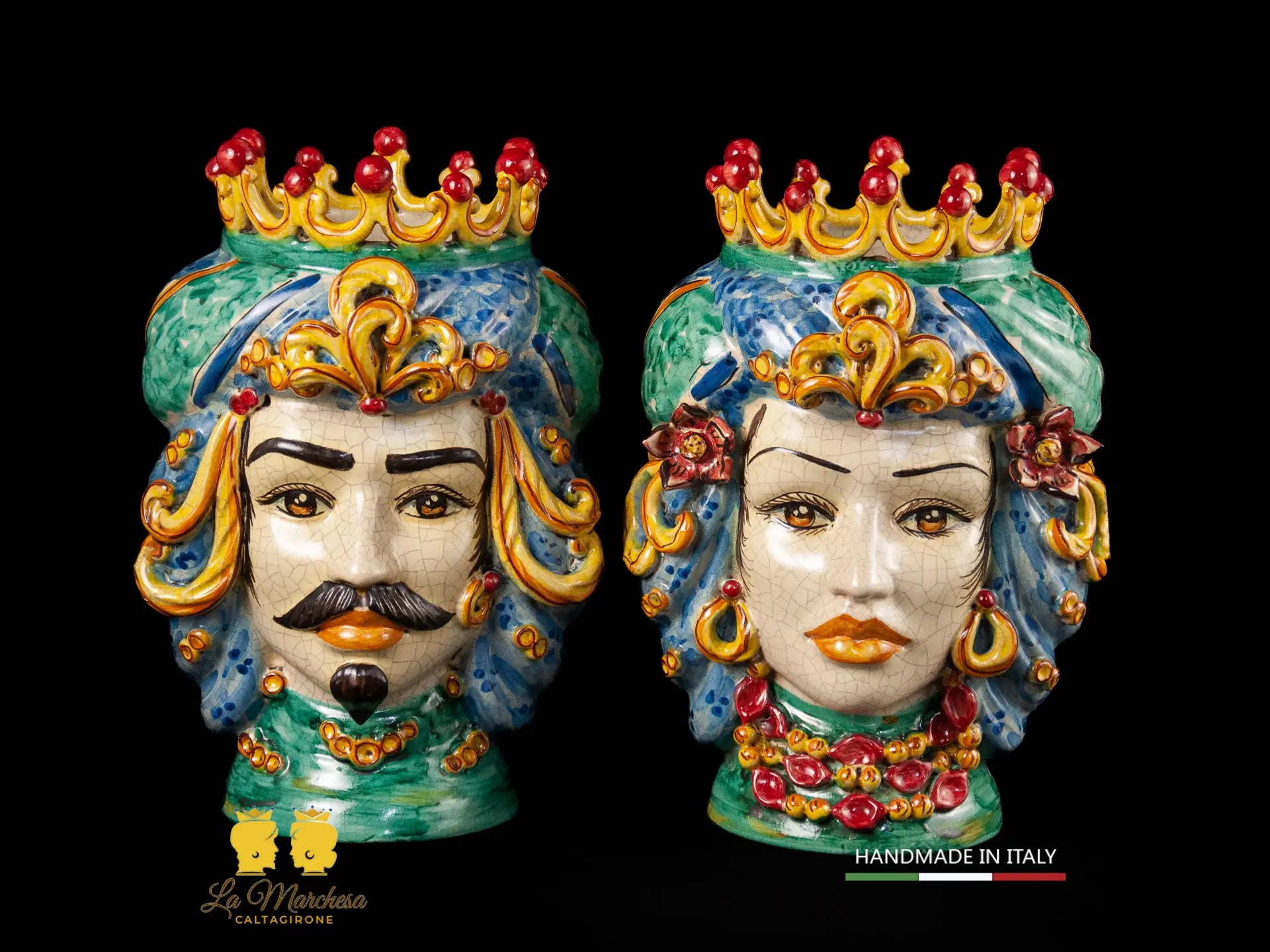 Teste di Moro in Ceramica di Caltagirone turbante verde rame celeste 30cm