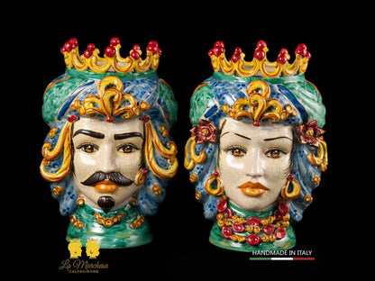 Teste di Moro in Ceramica di Caltagirone turbante verde rame celeste 30cm