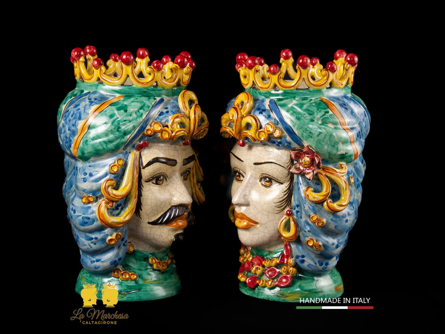 Teste di Moro in Ceramica di Caltagirone turbante verde rame celeste 30cm