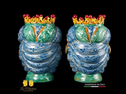 Teste di Moro in Ceramica di Caltagirone turbante verde rame celeste 30cm