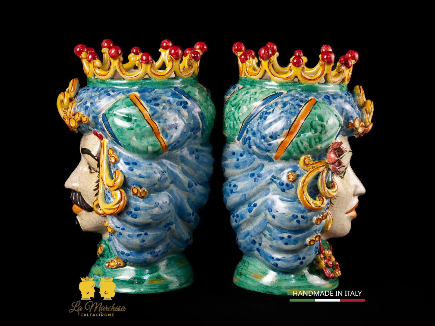 Teste di Moro in Ceramica di Caltagirone turbante verde rame celeste 30cm