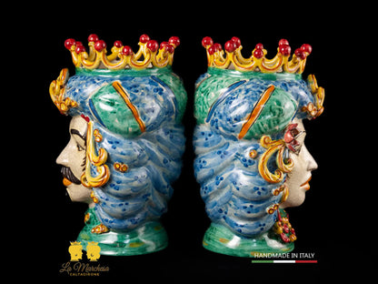 Teste di Moro in Ceramica di Caltagirone turbante verde rame celeste 30cm