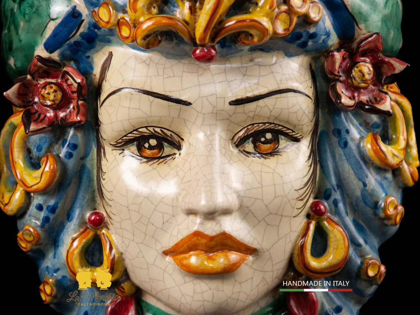 Teste di Moro in Ceramica di Caltagirone turbante verde rame celeste 30cm