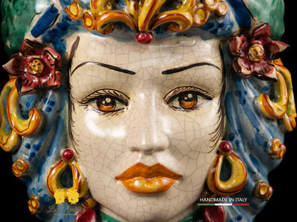 Teste di Moro in Ceramica di Caltagirone turbante verde rame celeste 30cm