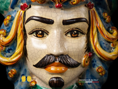 Teste di Moro in Ceramica di Caltagirone turbante verde rame celeste 30cm
