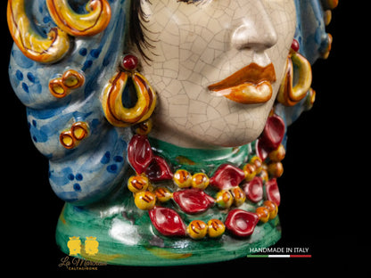 Teste di Moro in Ceramica di Caltagirone turbante verde rame celeste 30cm