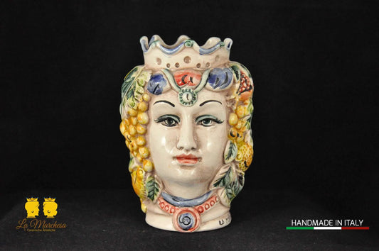 Testa di moro in Ceramica di Caltagirone doppia faccia ocra verde rame moro 14cm