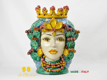 Testa di Moro Etna in Ceramica di Caltagirone con Fichi d’India 35 cm – Uomo o Donna