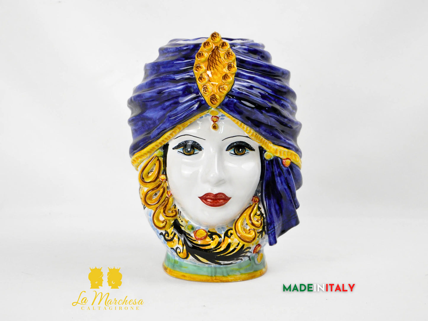 Testa di Moro Femminile in Ceramica di Caltagirone con Turbante Blu e Dettagli Oro – H27 cm