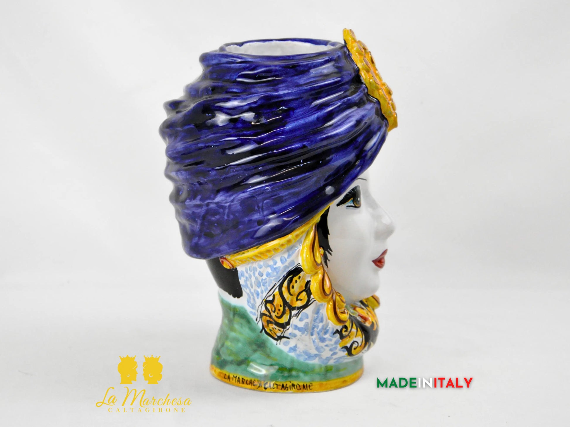 Testa di Moro Femminile in Ceramica di Caltagirone con Turbante Blu e Dettagli Oro – H27 cm