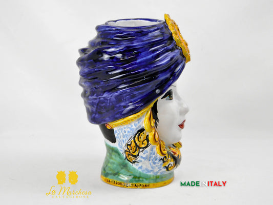 Testa di Moro Femminile in Ceramica di Caltagirone con Turbante Blu e Dettagli Oro – H27 cm