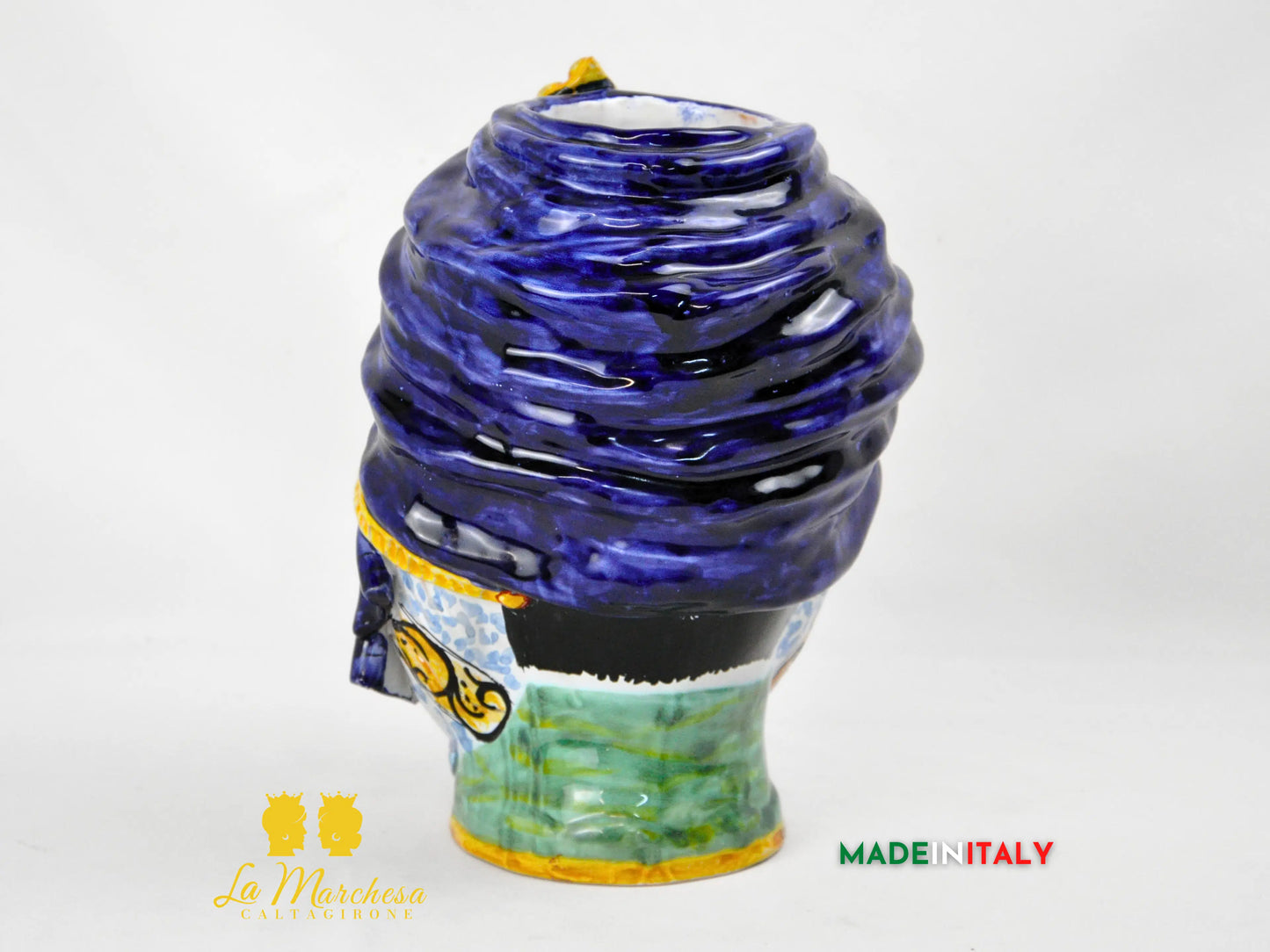 Testa di Moro Femminile in Ceramica di Caltagirone con Turbante Blu e Dettagli Oro – H27 cm