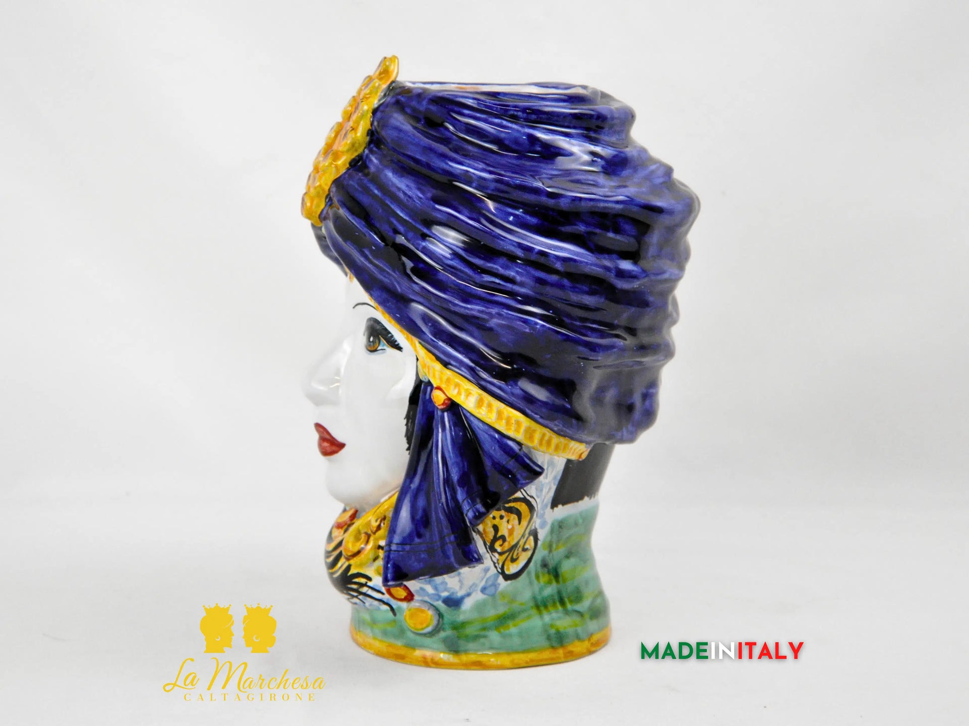 Testa di Moro Femminile in Ceramica di Caltagirone con Turbante Blu e Dettagli Oro – H27 cm