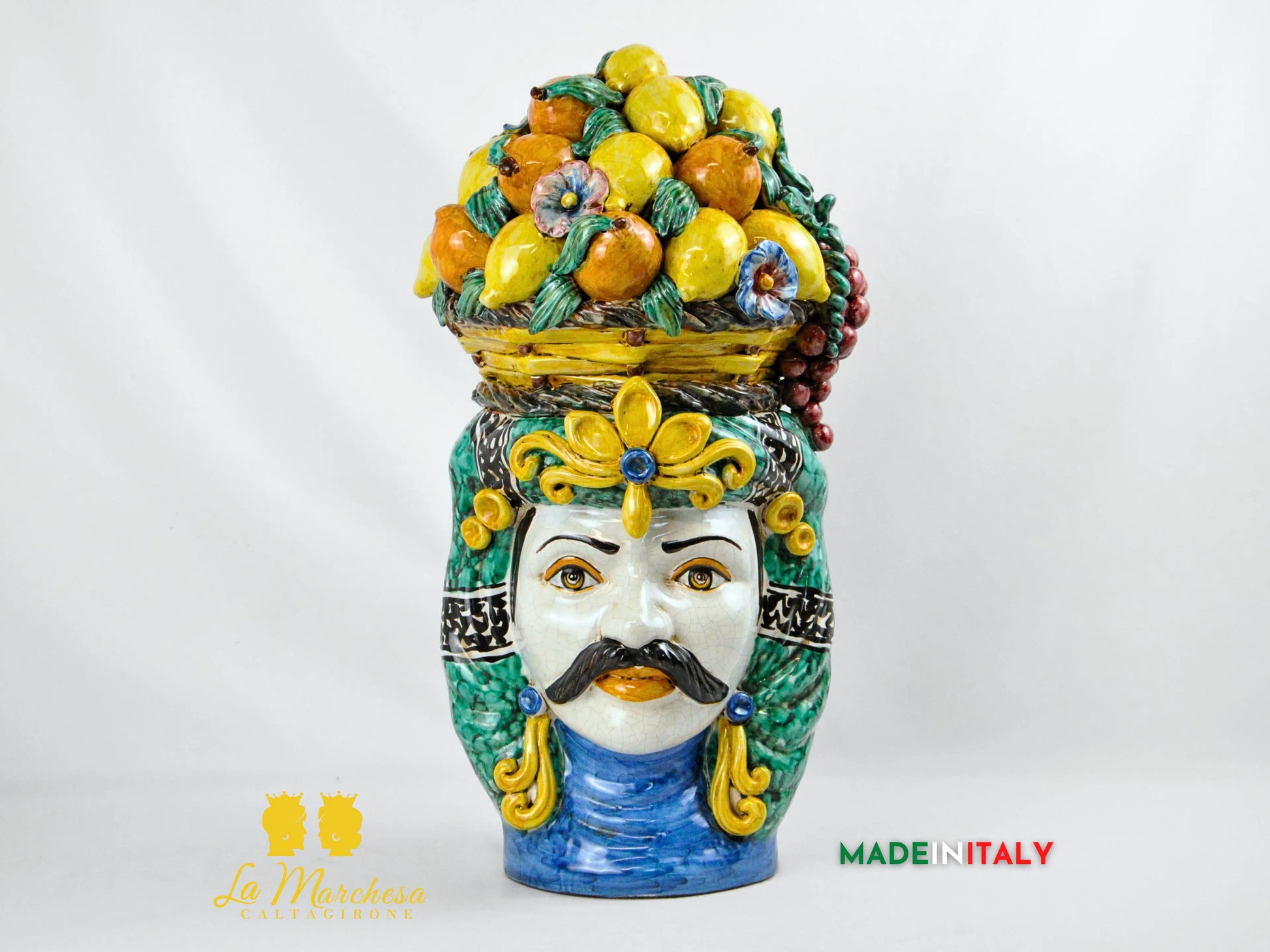Testa di Moro Uomo Cesto Frutta in Ceramica di Caltagirone 52 cm