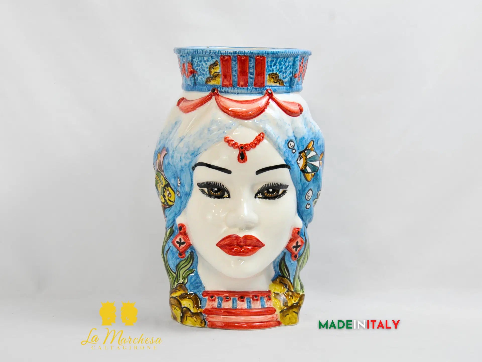 Testa di Moro Donna Pesci in Ceramica di Caltagirone 36cm