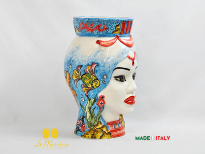 Testa di Moro Donna Pesci in Ceramica di Caltagirone 36cm