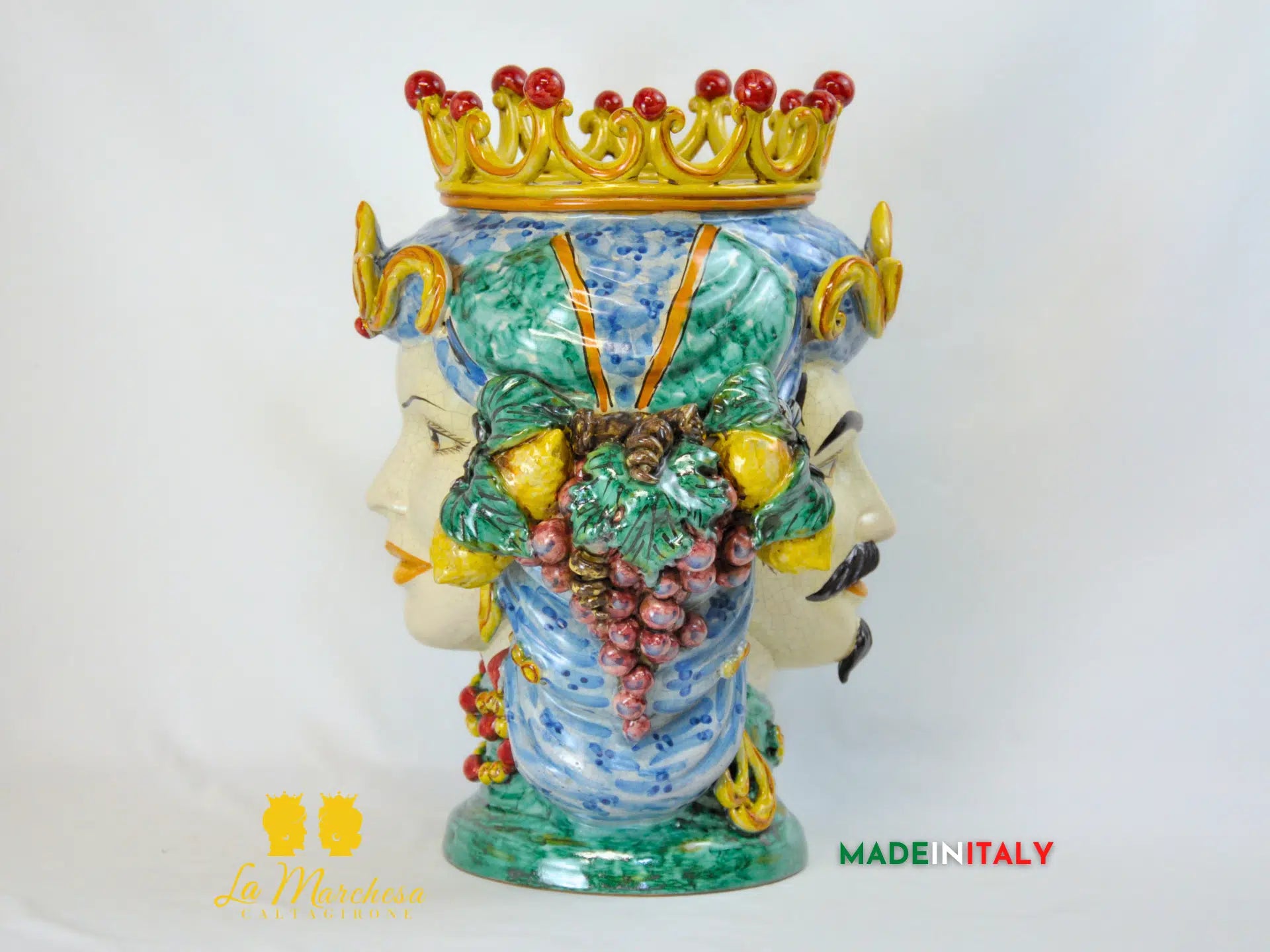 Testa di Moro Doppia Faccia Corona e Frutta in Ceramica di Caltagirone 45cm