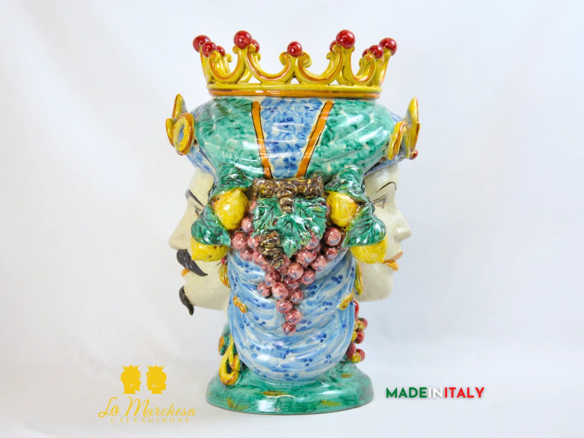 Testa di Moro Doppia Faccia Corona e Frutta in Ceramica di Caltagirone 45cm