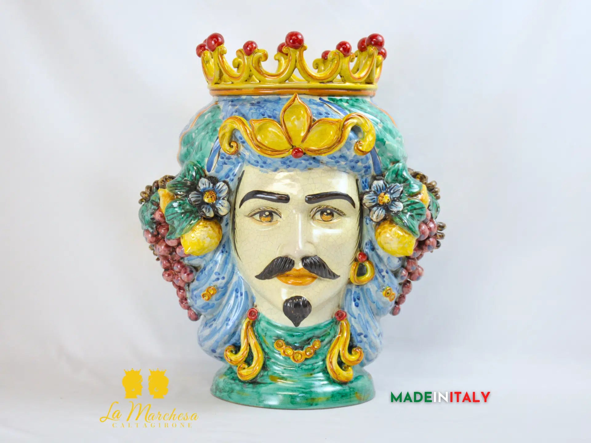 Testa di Moro Doppia Faccia Corona e Frutta in Ceramica di Caltagirone 45cm