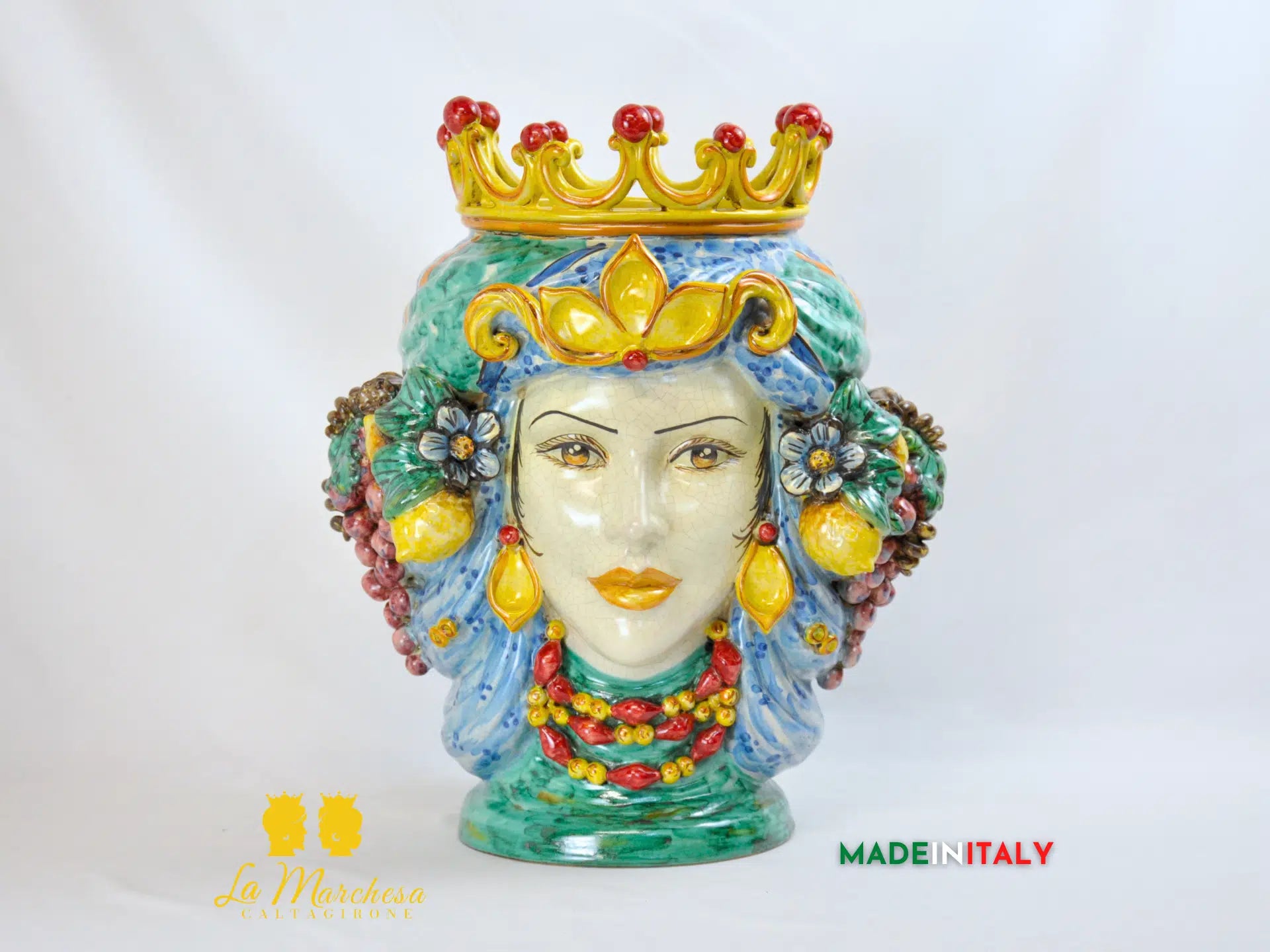 Testa di Moro Doppia Faccia Corona e Frutta in Ceramica di Caltagirone 45cm