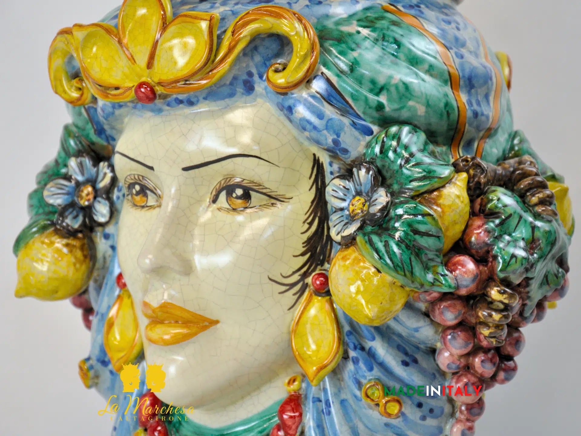 Testa di Moro Doppia Faccia Corona e Frutta in Ceramica di Caltagirone 45cm
