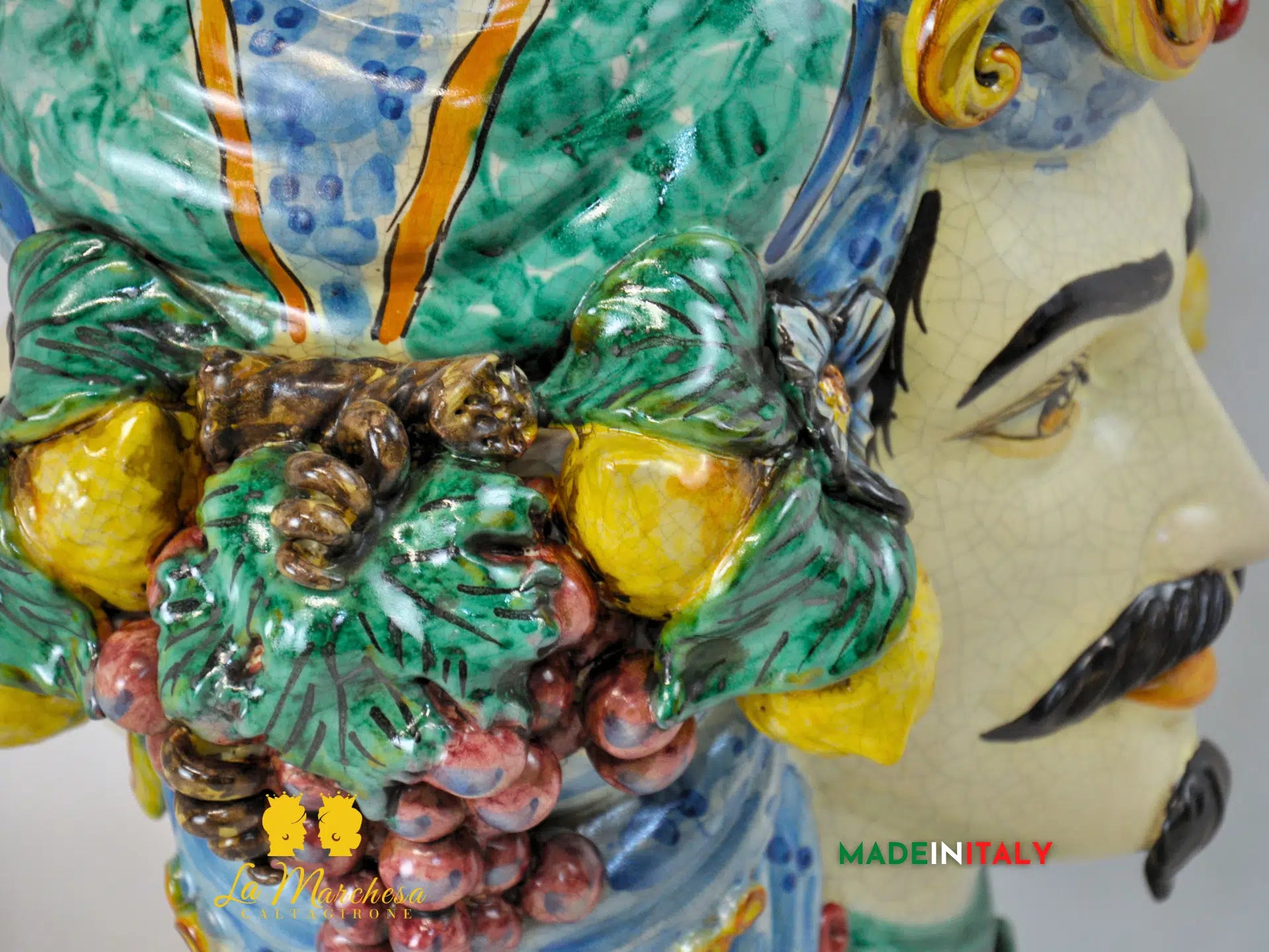 Testa di Moro Doppia Faccia Corona e Frutta in Ceramica di Caltagirone 45cm