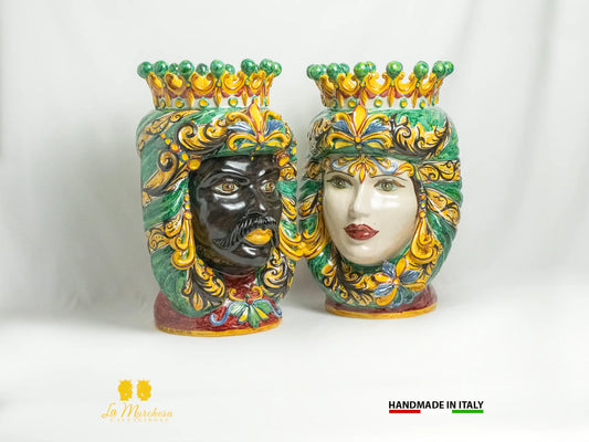 Teste di Moro Ceramica Caltagirone Classiche corona verde rame H46